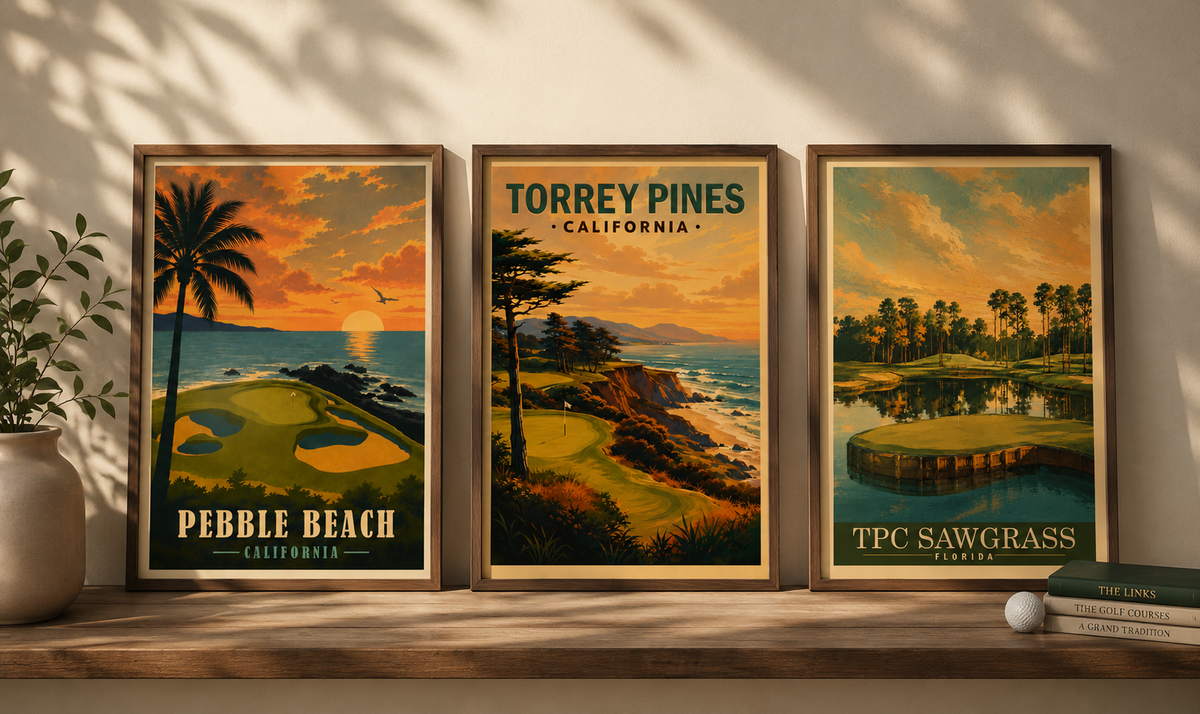 Vintage golf posters displayed in a stylish golf-inspired home office
