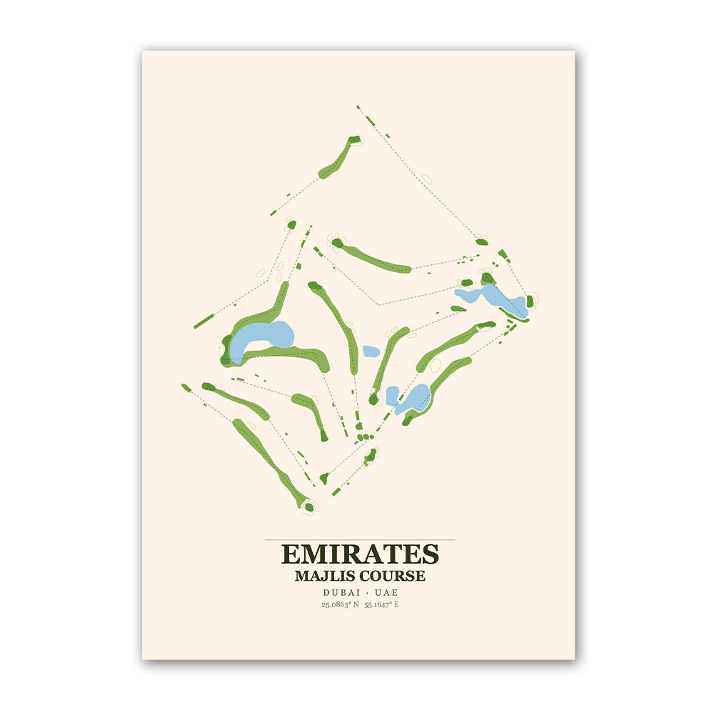 Emirates Majlis golf course map print poster, Dubai UAE golf wall art
