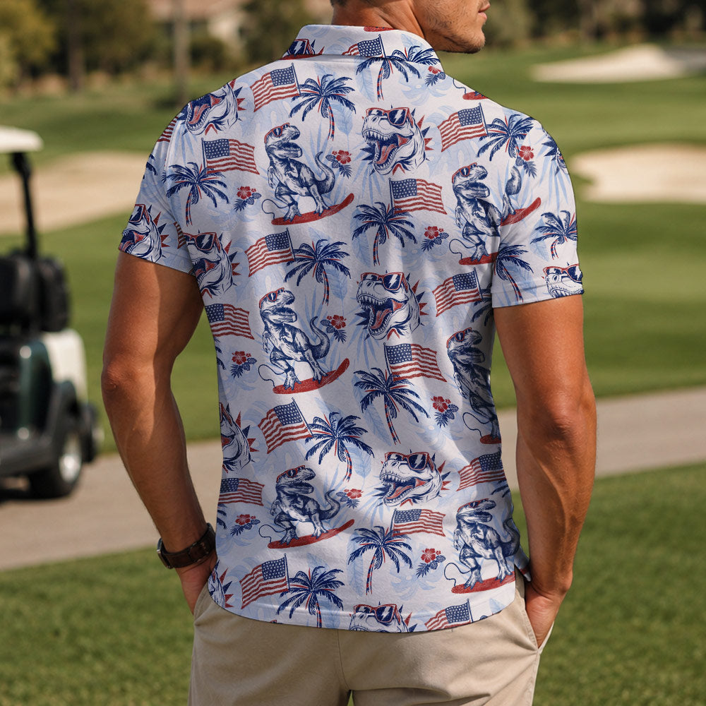 Dinosaur American Flag Golf Polo Shirt - Golf Gift for Golfers