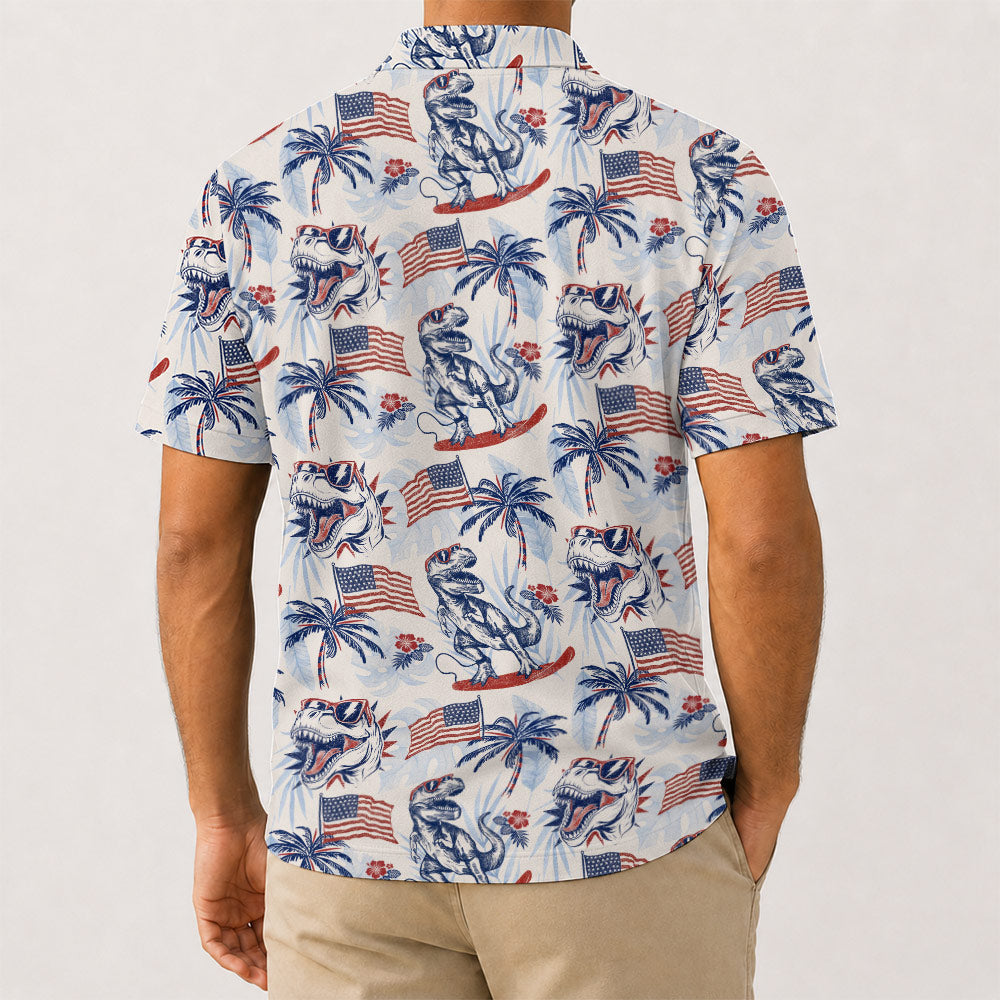 Dinosaur American Flag Golf Polo Shirt - Golf Gift for Golfers