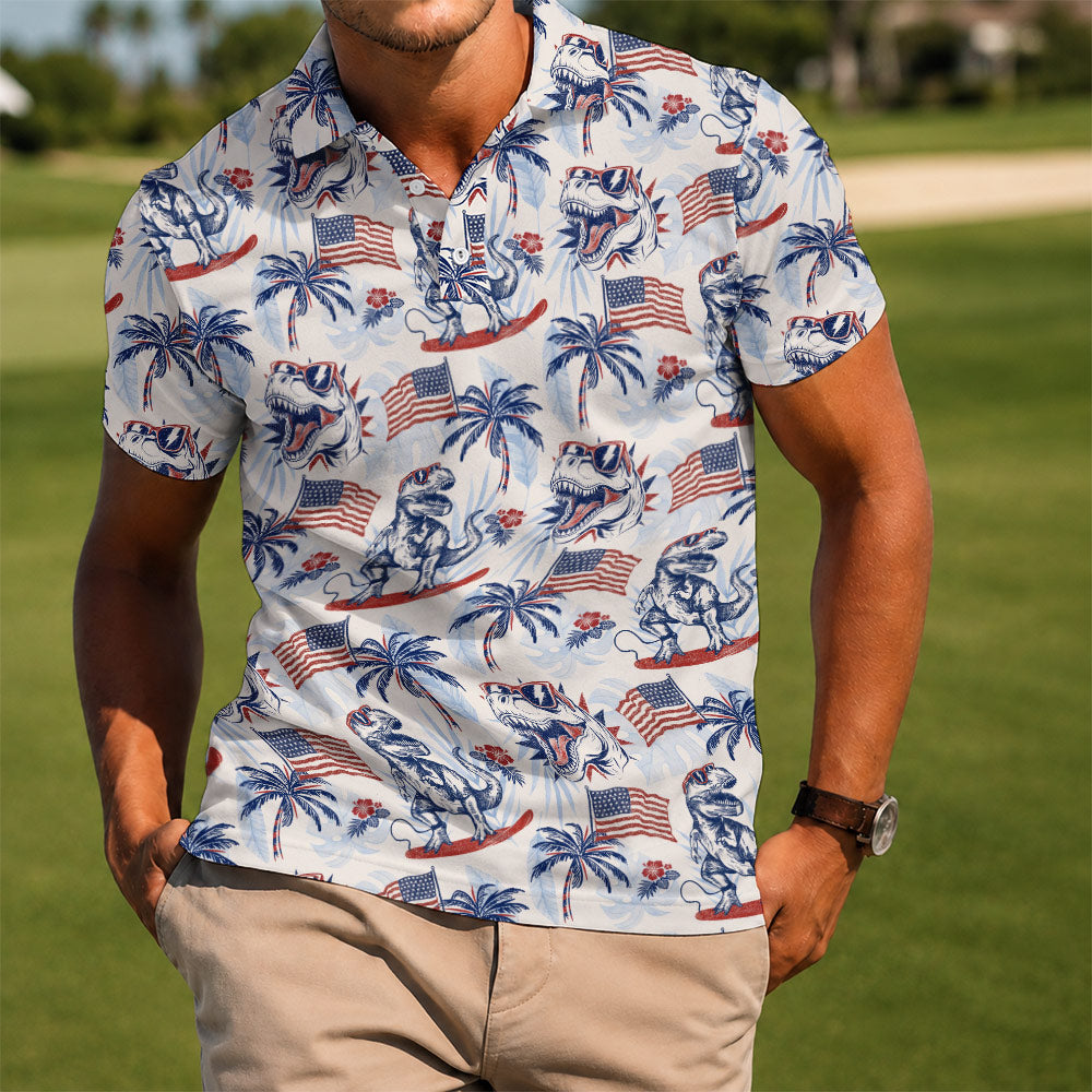 Dinosaur American Flag Golf Polo Shirt - Golf Gift for Golfers