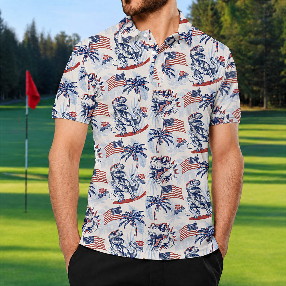 Dinosaur American Flag Golf Polo Shirt - Golf Gift for Golfers