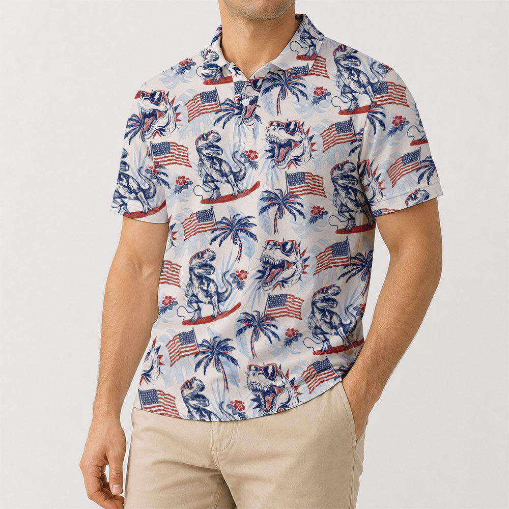 Dinosaur American Flag Golf Polo Shirt - Golf Gift for Golfers, front