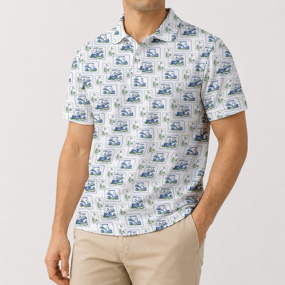 Retro Golf Cart Motif Polo Shirt - Golf Gift for Golfers, front