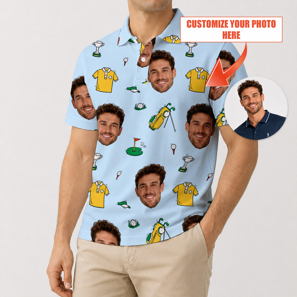 Custom Face Photo Golf Polo Shirt - Golf Gift for Golfers, front