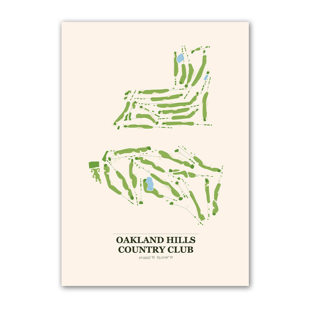 Oakland Hills Country Club golf course map print poster, Michigan USA golf wall art