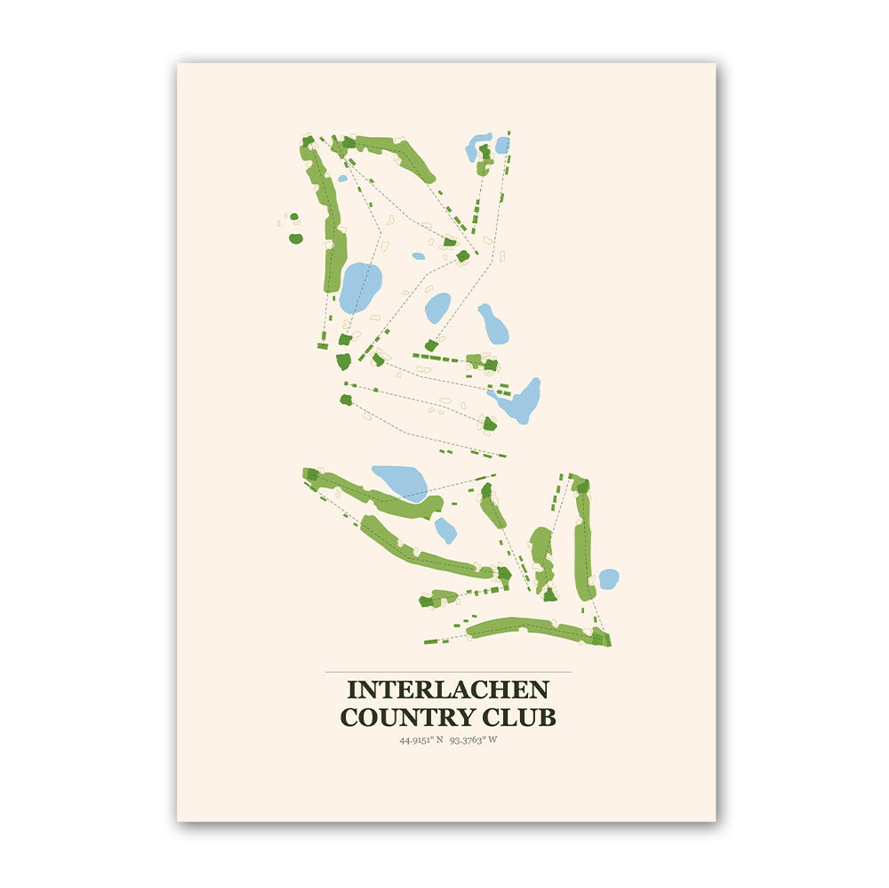 Interlachen Country Club golf course map print poster, Minnesota USA golf wall art