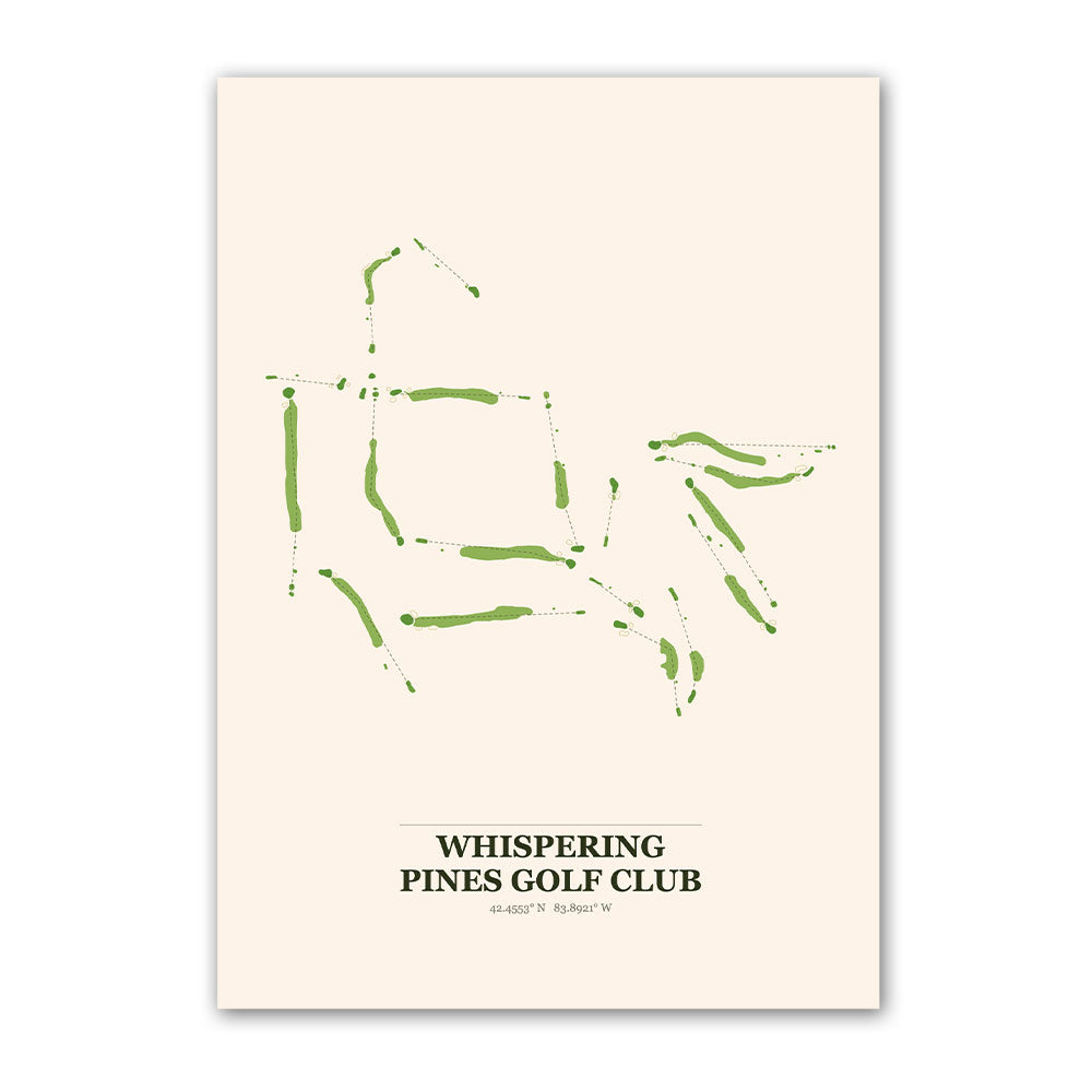Whispering Pines golf course map print poster, South Carolina USA golf wall art