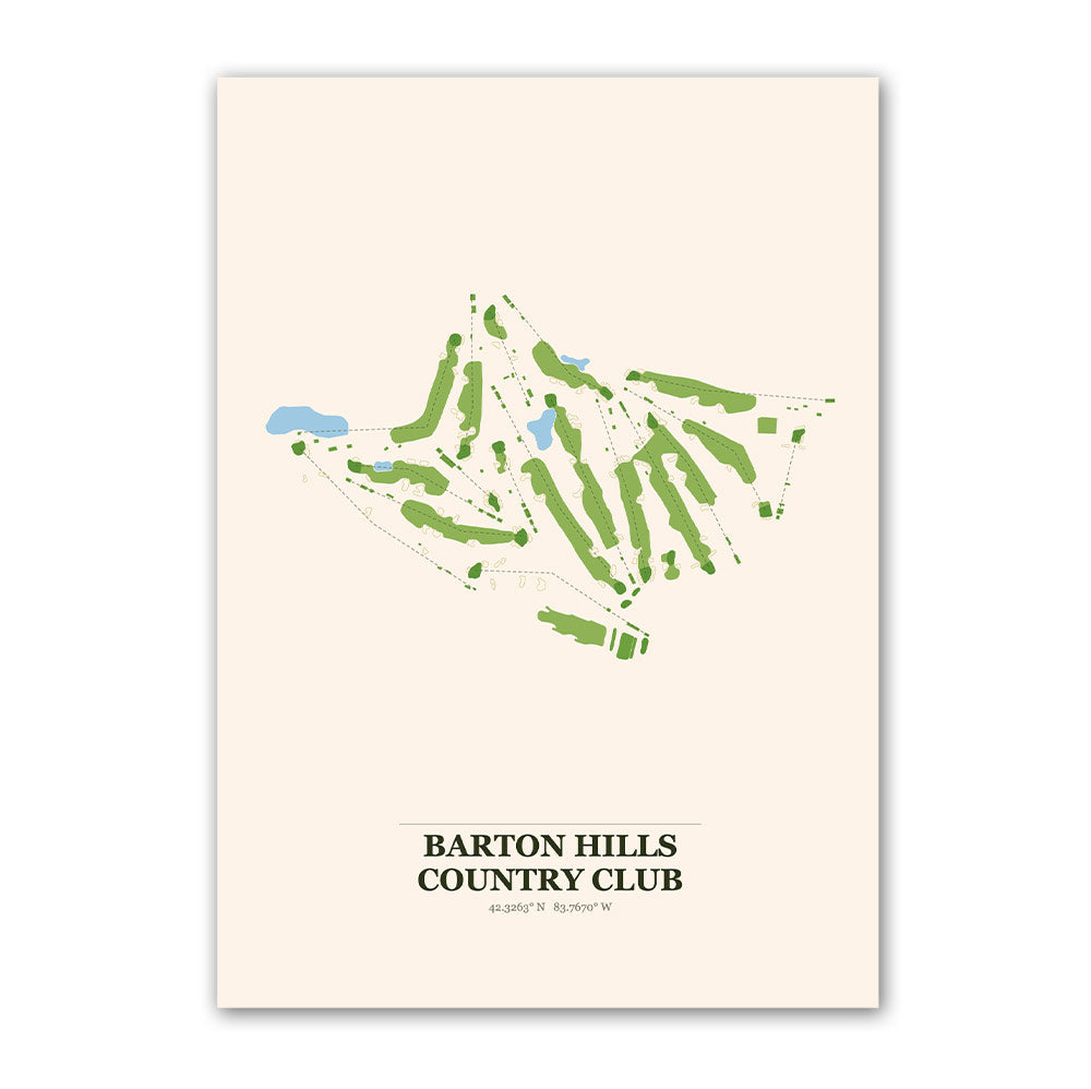 Barton Hills Country Club golf course map print poster, Michigan USA golf wall art