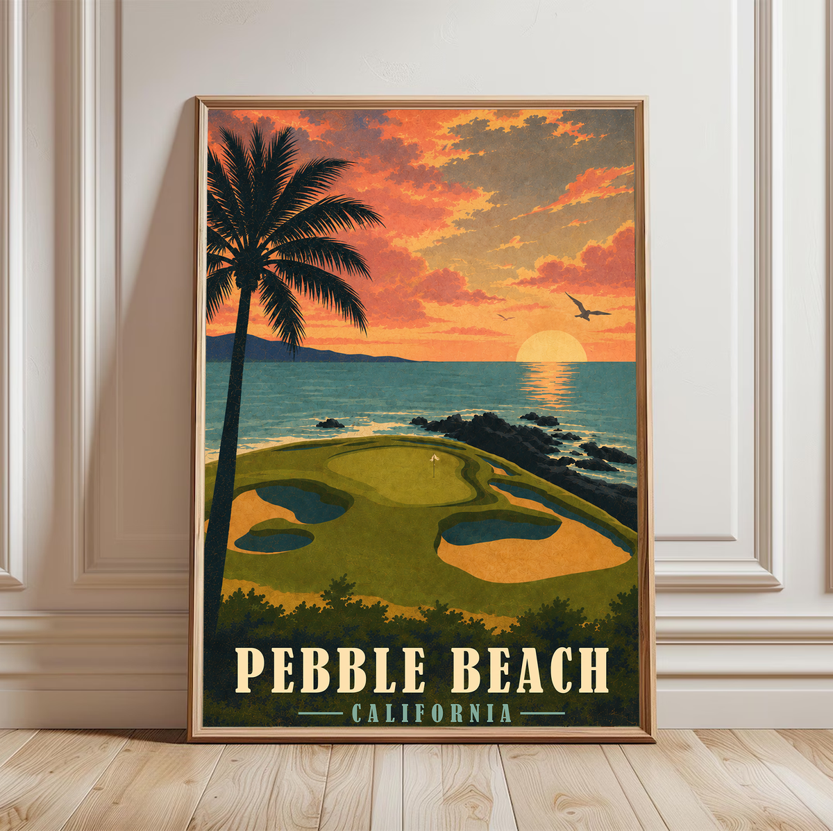 Pebble Beach vintage golf travel poster showing the coastal course, golf wall art