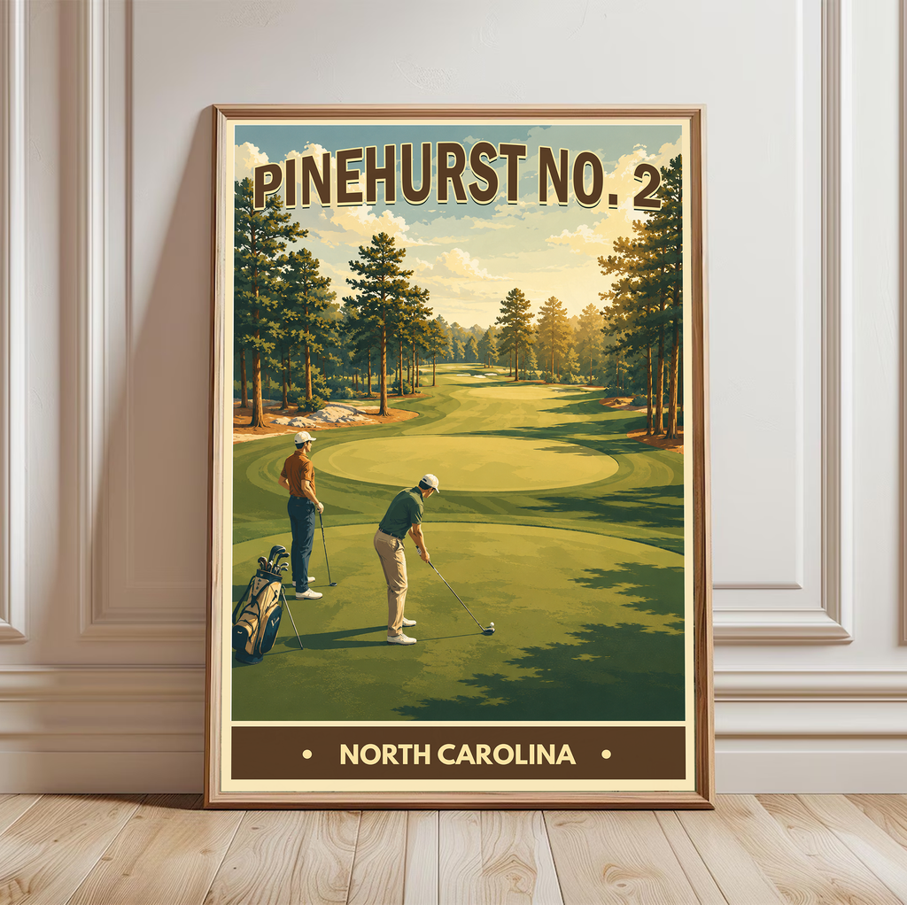 Pinehurst No. 2 vintage golf travel poster, North Carolina golf course wall art