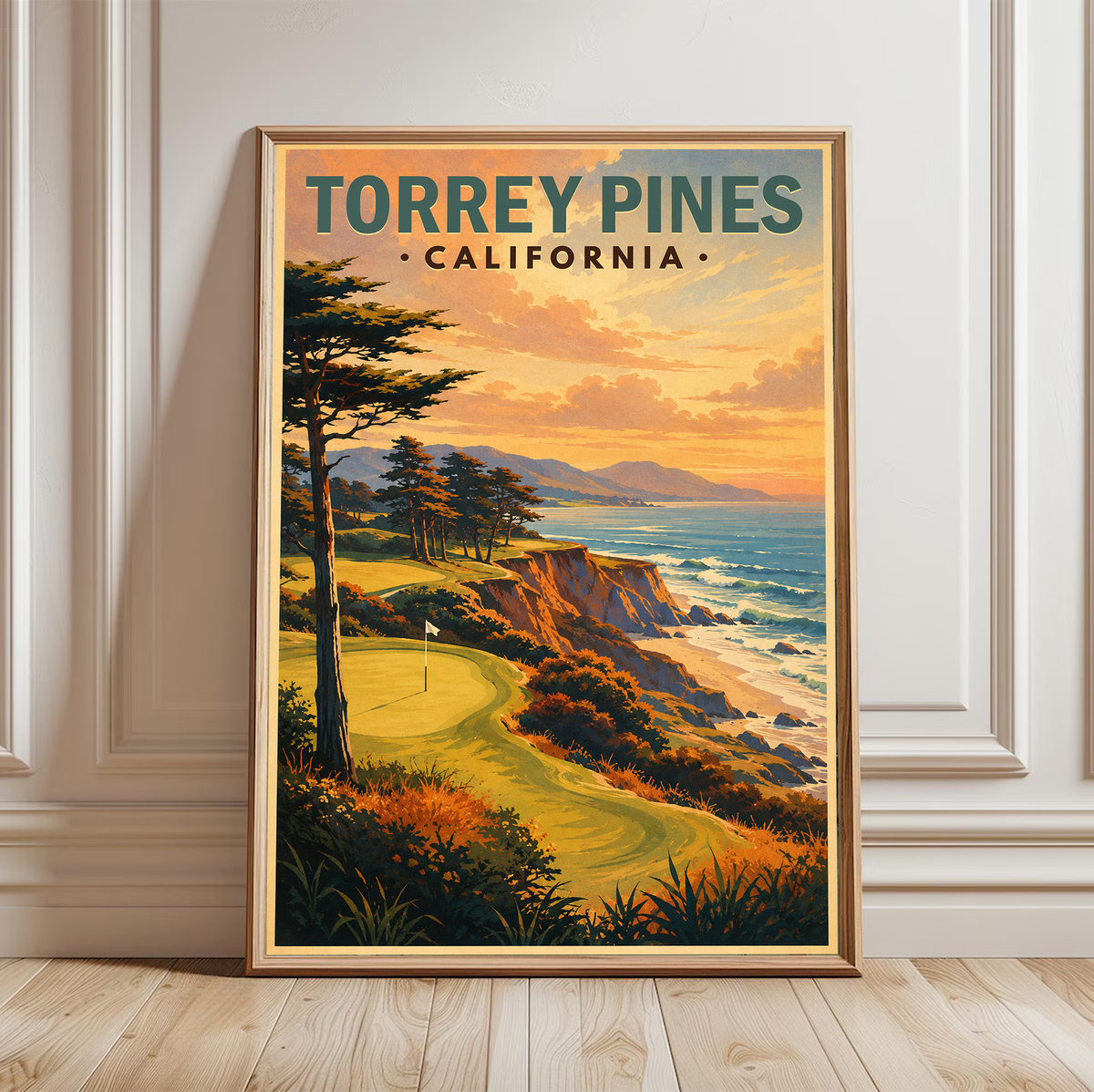 Torrey Pines vintage golf travel poster showing Pacific Ocean cliffside course, golf wall art