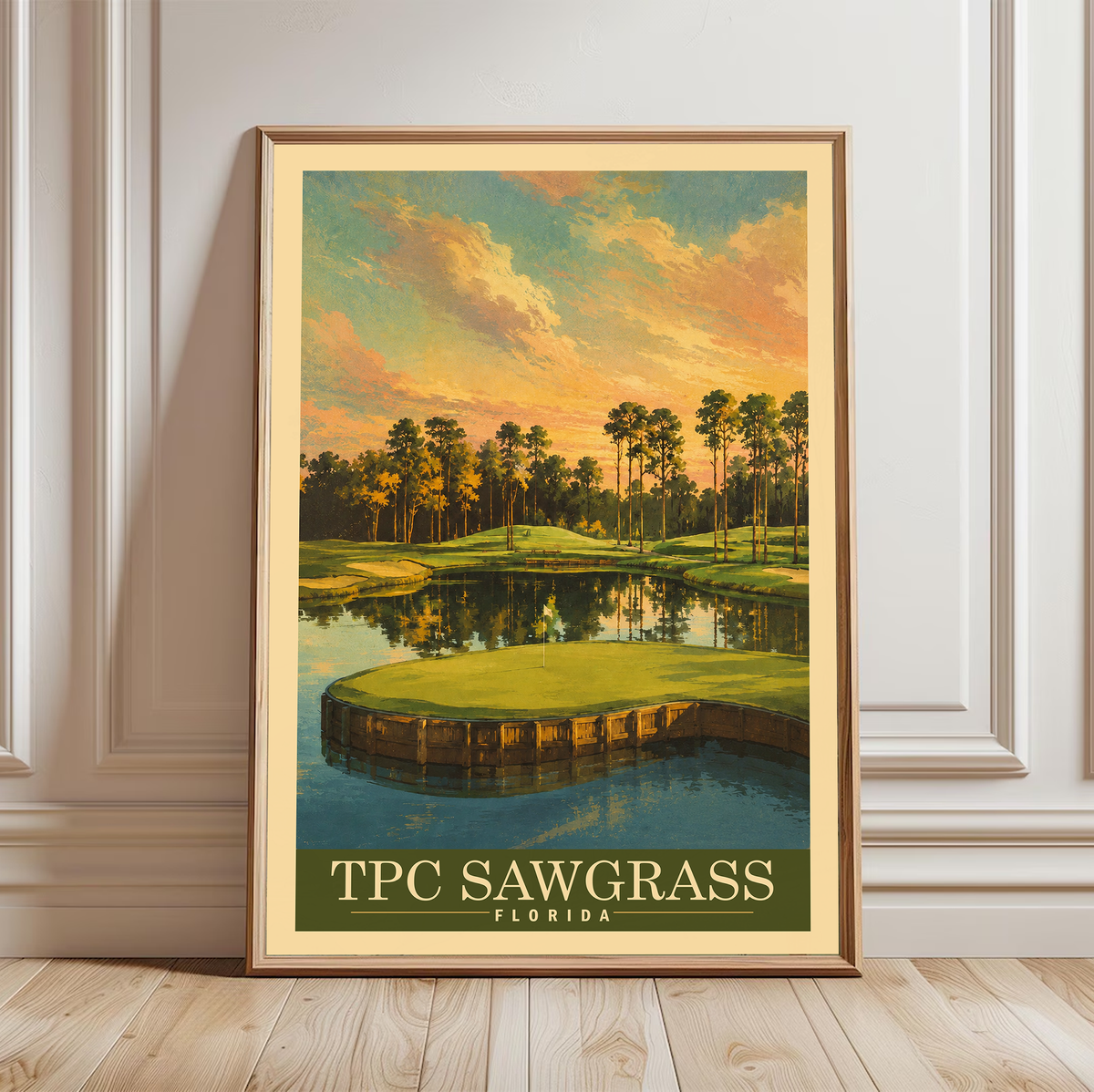 TPC Sawgrass vintage golf travel poster featuring the island green, golf wall art