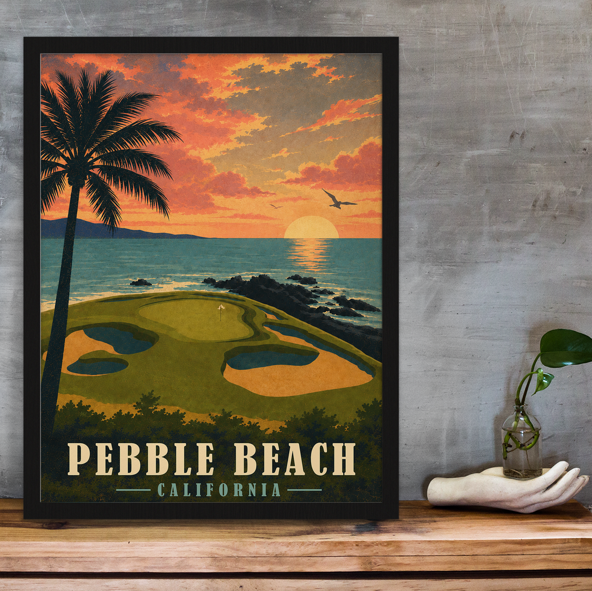 Pebble Beach Vintage Golf Travel Poster | California Golf Wall Art Decor