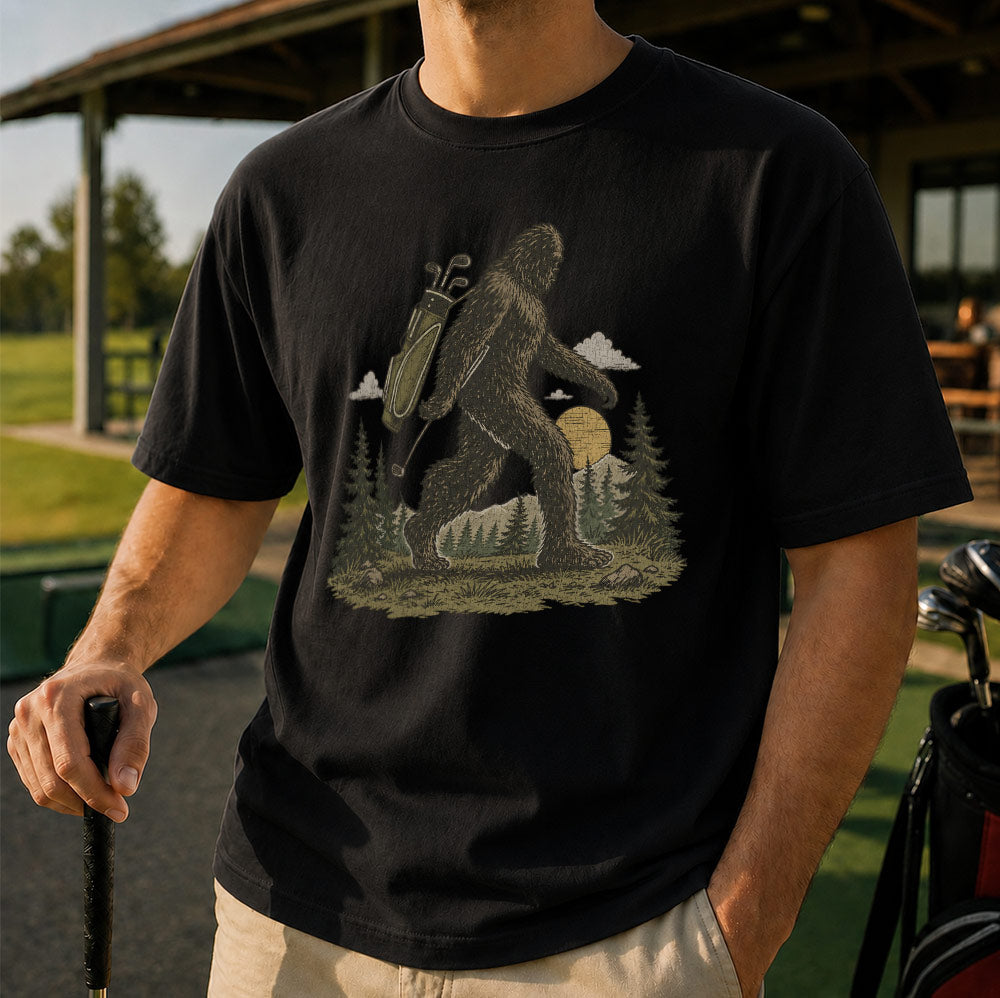 Funny Bigfoot Golf Unisex T-Shirt - Sasquatch Golfer Graphic Tee
