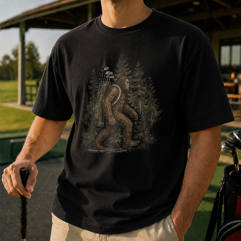 Funny Bigfoot Golf Unisex T-Shirt - Sasquatch Carrying Golf Clubs Graphic Tee