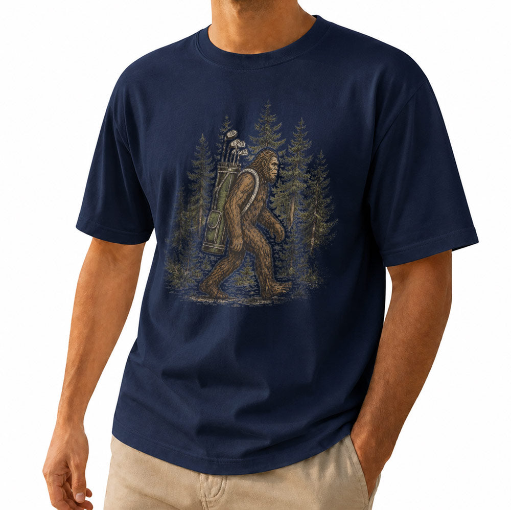 Funny Bigfoot Golf Unisex T-Shirt - Sasquatch Carrying Golf Clubs Graphic Tee