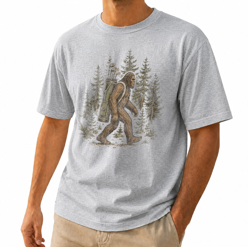 Funny Bigfoot Golf Unisex T-Shirt - Sasquatch Carrying Golf Clubs Graphic Tee