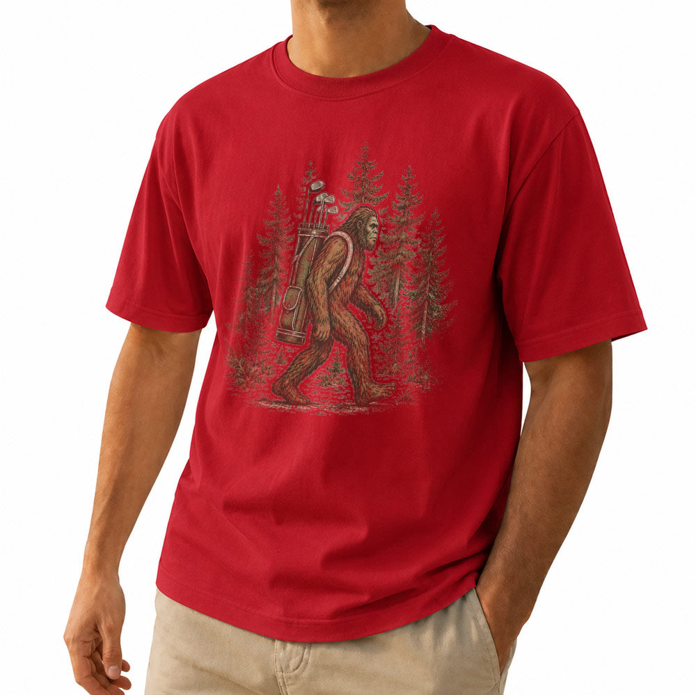 Funny Bigfoot Golf Unisex T-Shirt - Sasquatch Carrying Golf Clubs Graphic Tee