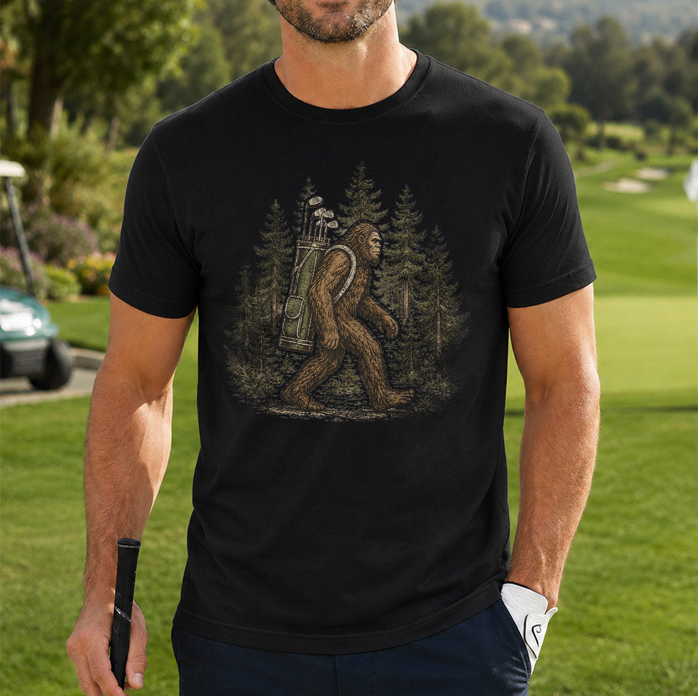 Funny Bigfoot Golf Unisex T-Shirt - Sasquatch Carrying Golf Clubs Graphic Tee
