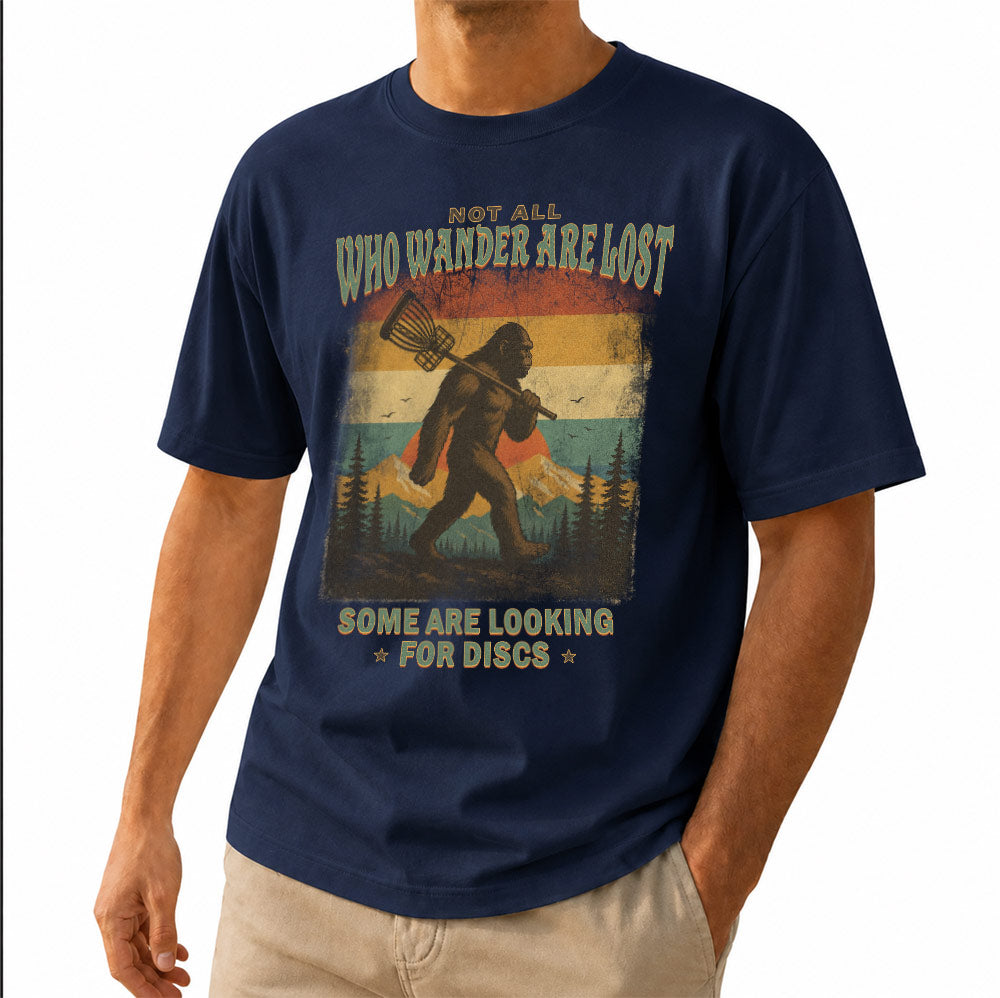 Funny Not All Who Wander Are Lost Disc Golfing Bigfoot Unisex T-Shirt - Sasquatch Golfer Graphic Tee