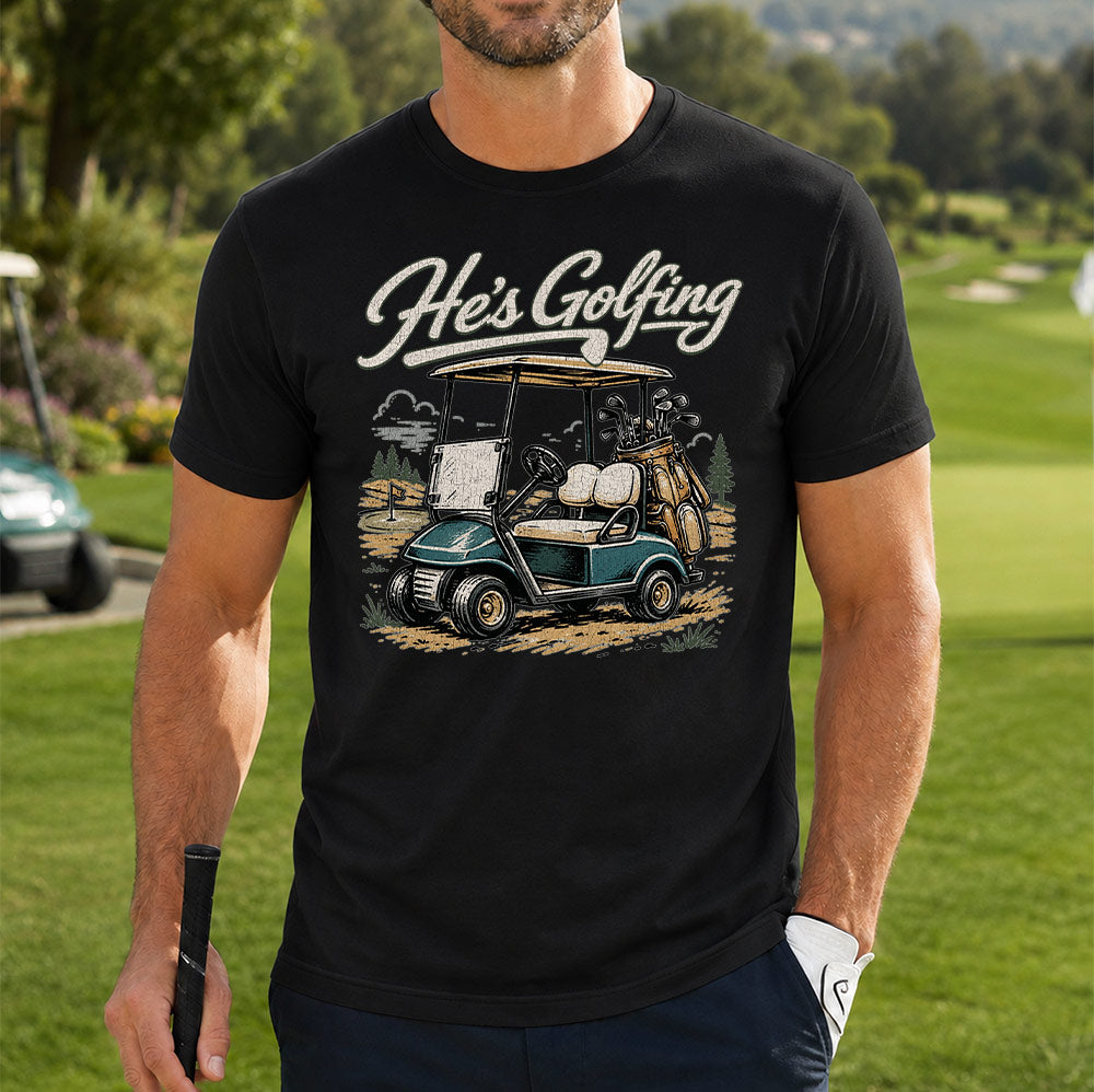 He's Golfing retro golf cart tee lifestyle photo on the golf course