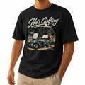 He's Golfing vintage golf cart graphic tee for men in black