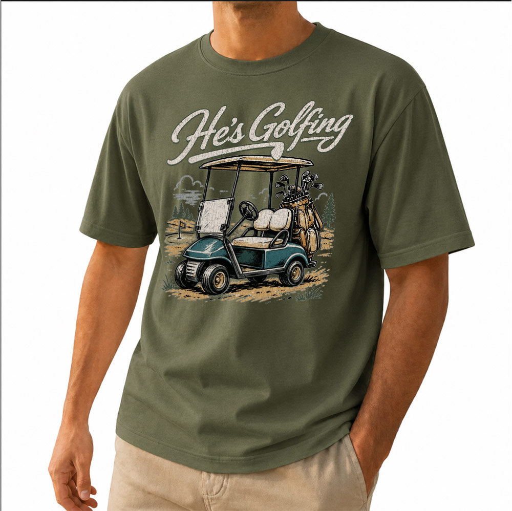 Vintage golfer graphic tee golf cart design in green