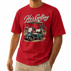 Mens golf graphic tee He's Golfing golf cart in red