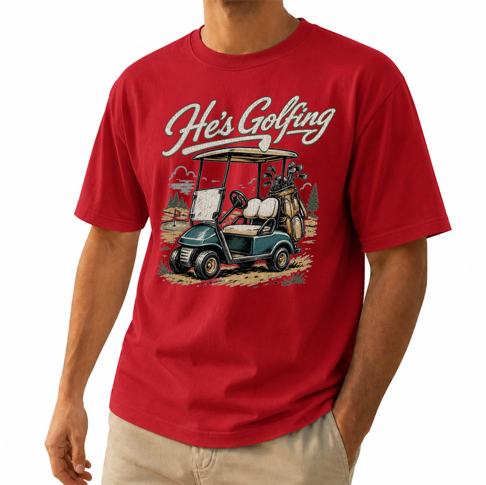 Mens golf graphic tee He's Golfing golf cart in red
