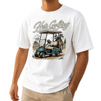 Retro golf cart t-shirt with He's Golfing print in white