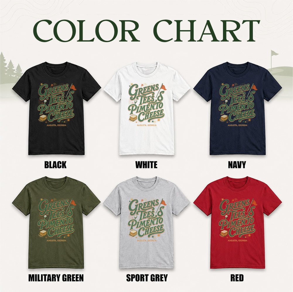 Greens Tees Pimento Cheese golf t-shirt color chart