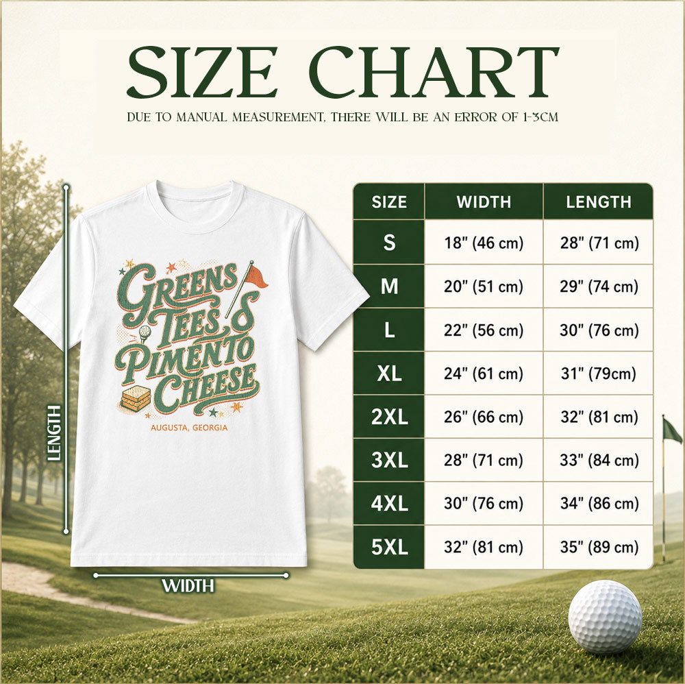 Greens Tees Pimento Cheese golf t-shirt size chart