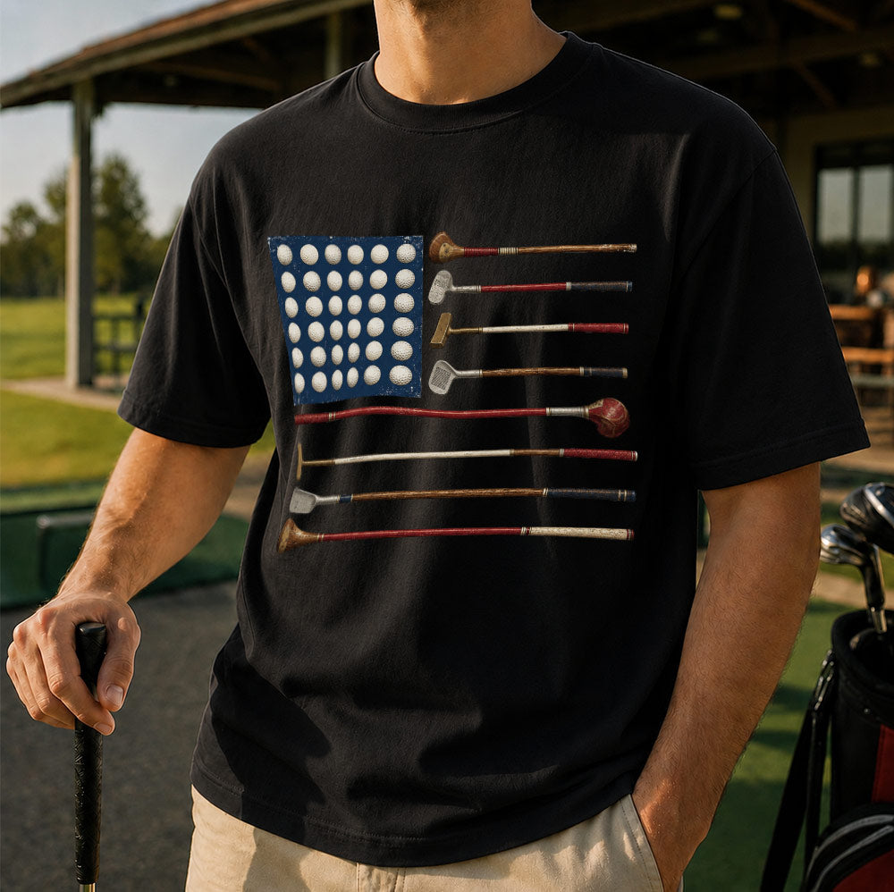 American Flag Golf Unisex T-Shirt - Vintage Golf Clubs Patriotic Graphic Tee