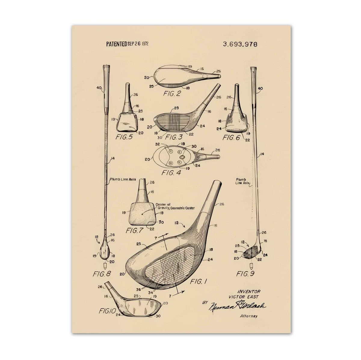 Premium Giclee Print Vintage Golf Club Patent by Andreas Magnusson copy vintage golf poster, retro golf wall art