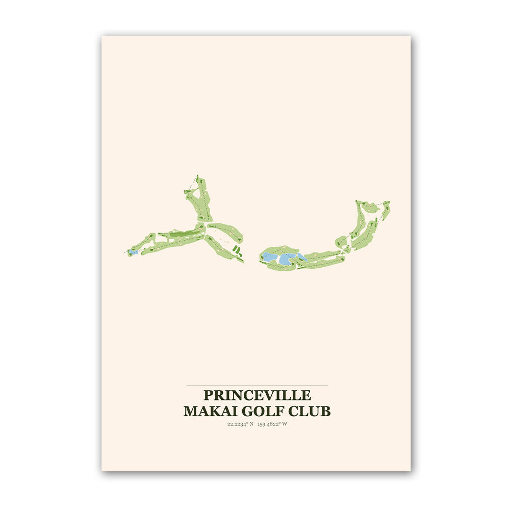 Princeville Makai golf course map print poster, Hawaii USA golf wall art