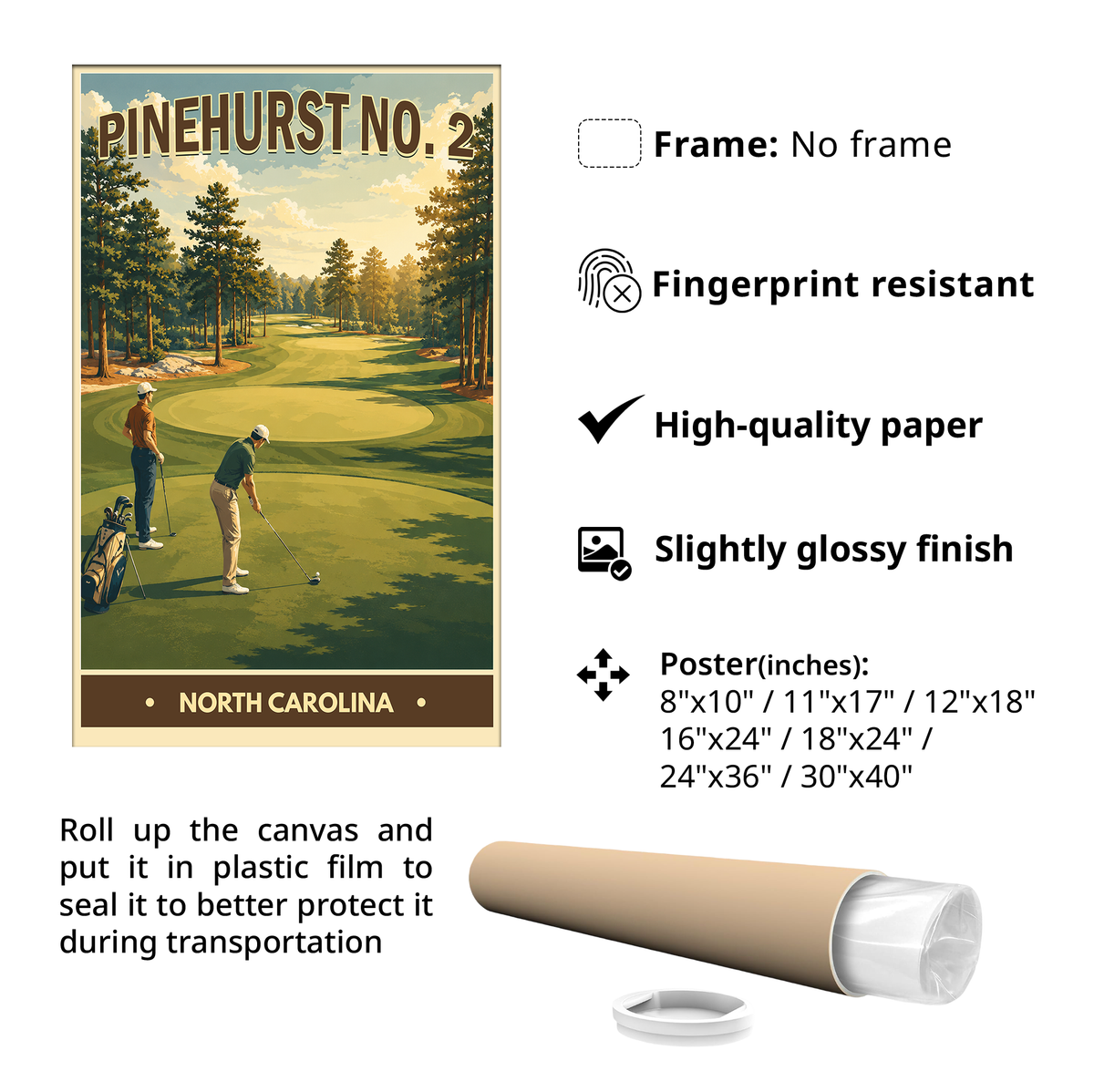 Pinehurst No.2 Vintage Golf Travel Poster | North Carolina Golf Wall Art Decor