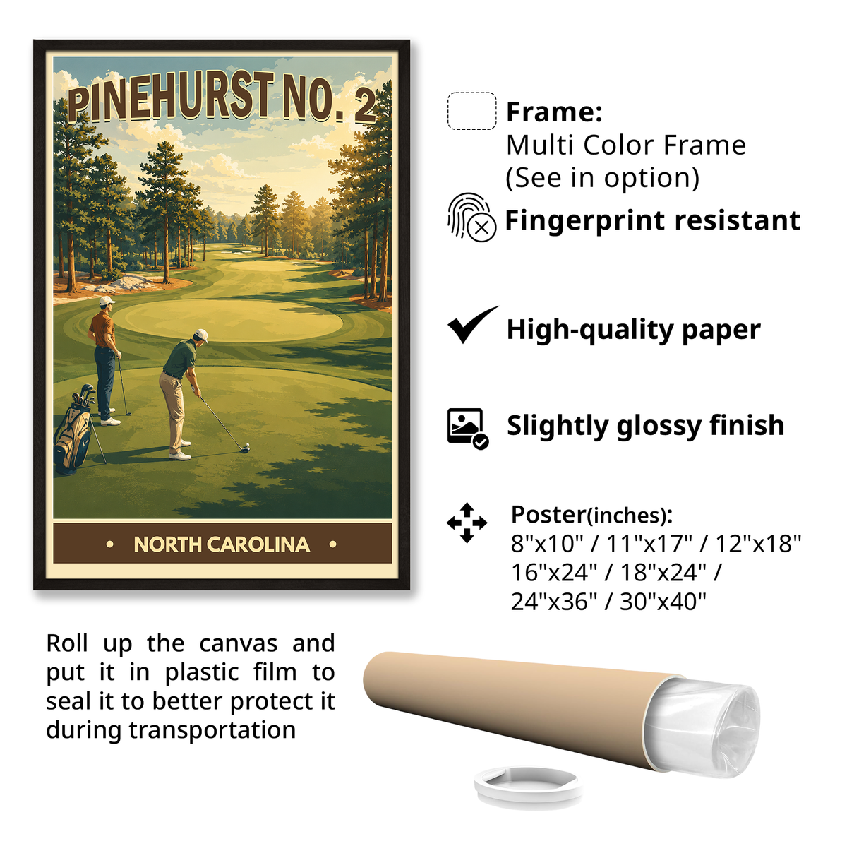 Pinehurst No.2 Vintage Golf Travel Poster | North Carolina Golf Wall Art Decor
