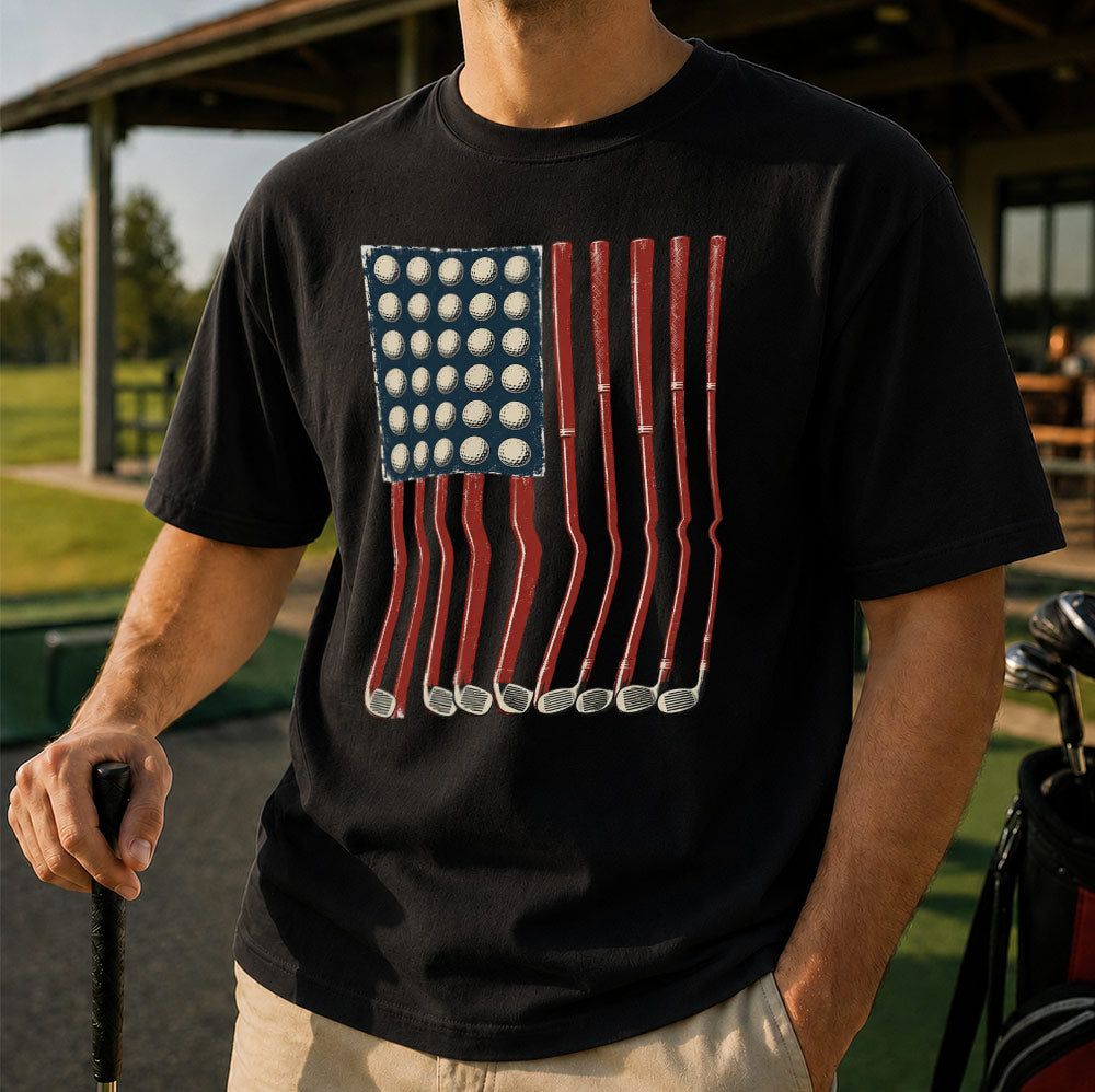 American Flag Golf Unisex T-Shirt - Patriotic Golf Balls & Clubs Graphic Tee