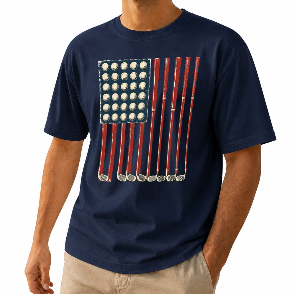 American Flag Golf Unisex T-Shirt - Patriotic Golf Balls & Clubs Graphic Tee