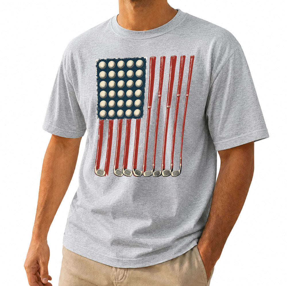 American Flag Golf Unisex T-Shirt - Patriotic Golf Balls & Clubs Graphic Tee