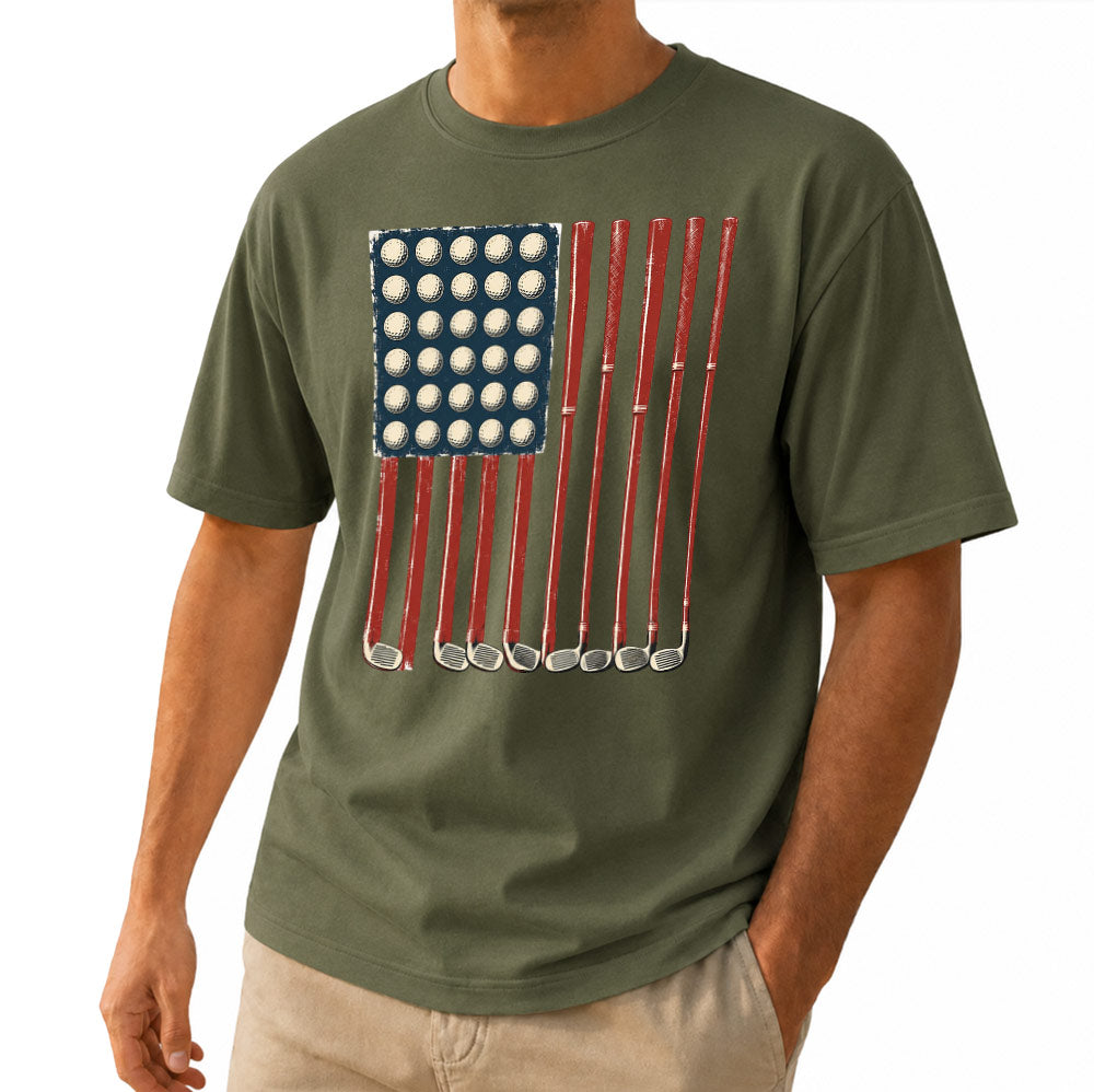 American Flag Golf Unisex T-Shirt - Patriotic Golf Balls & Clubs Graphic Tee
