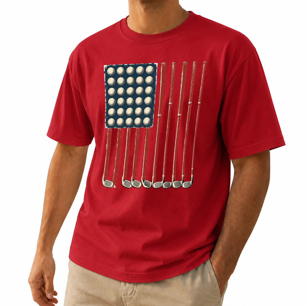 American Flag Golf Unisex T-Shirt - Patriotic Golf Balls & Clubs Graphic Tee