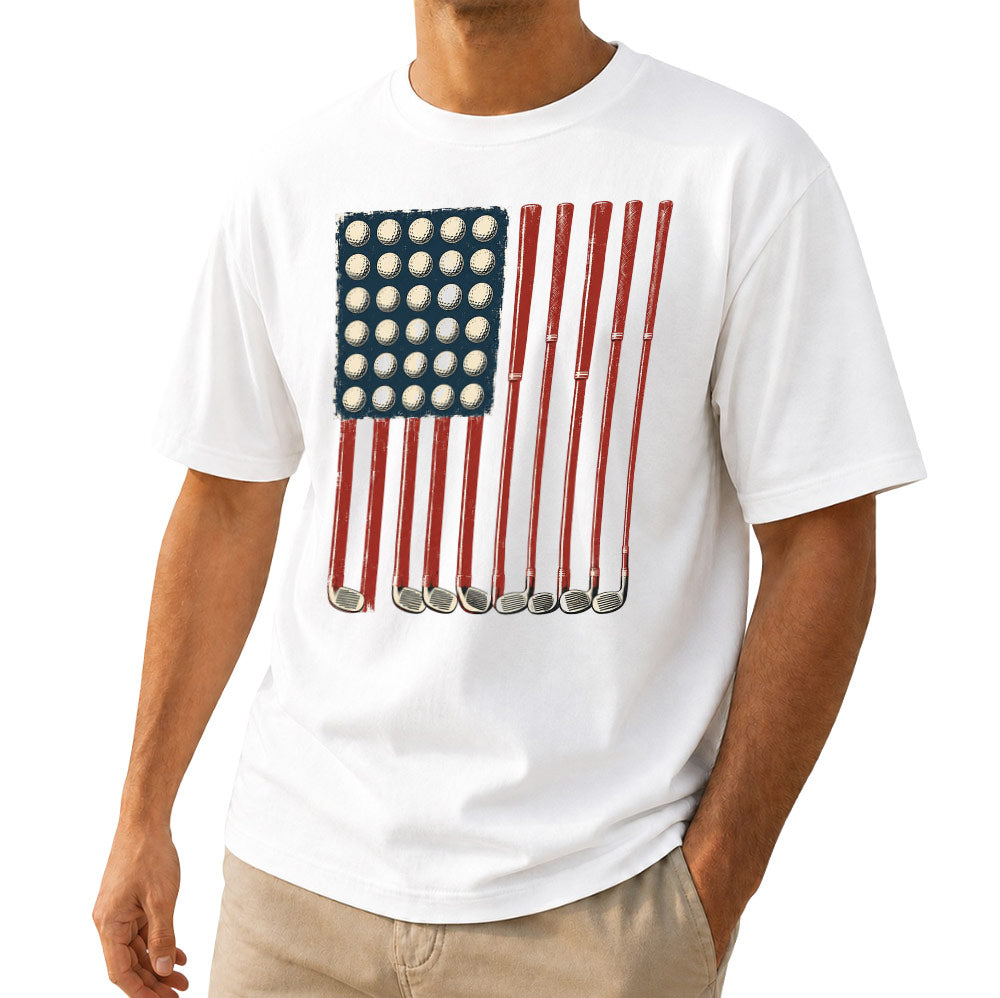 American Flag Golf Unisex T-Shirt - Patriotic Golf Balls & Clubs Graphic Tee