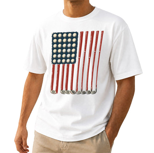 American Flag Golf Unisex T-Shirt - Patriotic Golf Balls & Clubs Graphic Tee