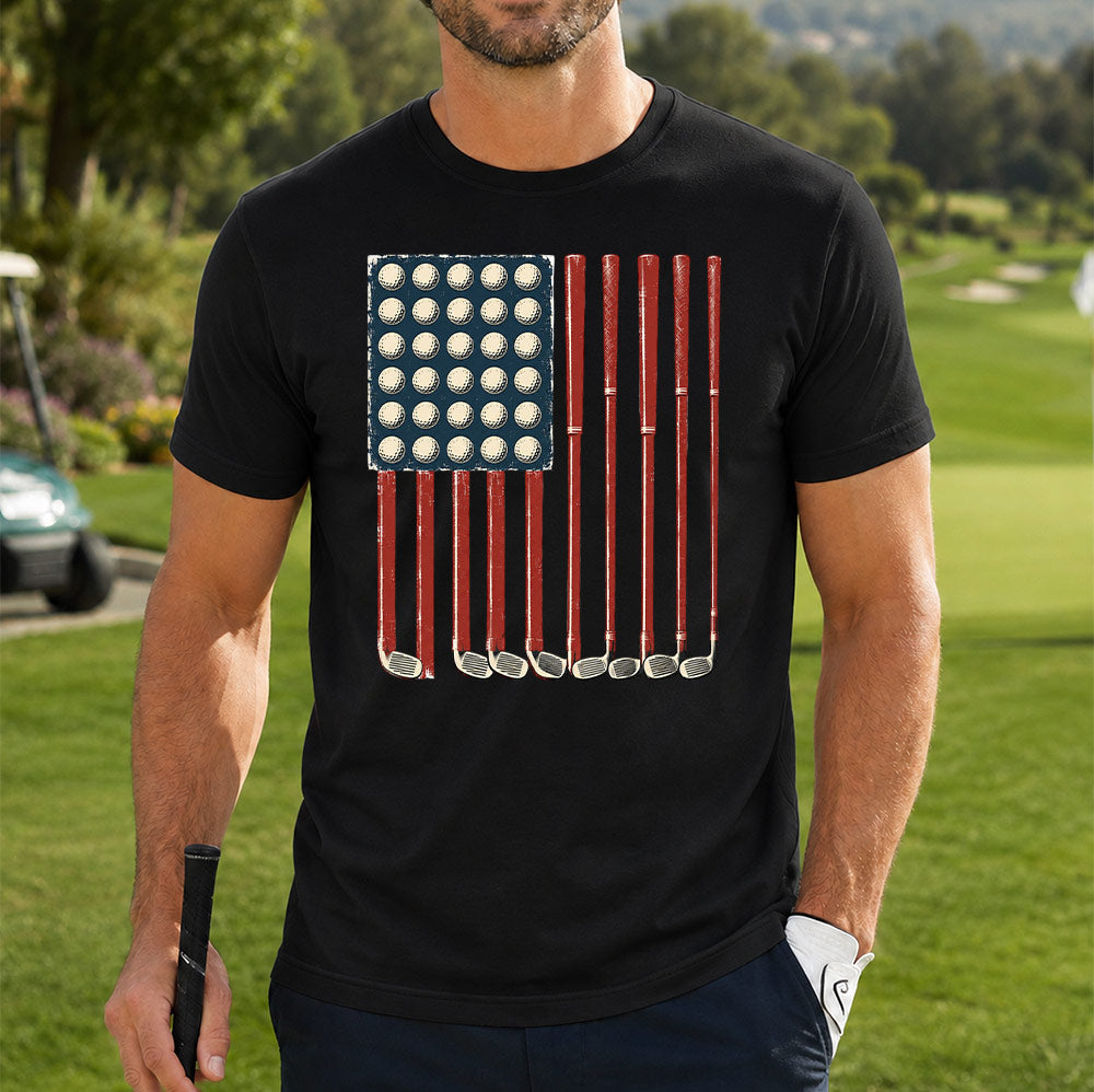 American Flag Golf Unisex T-Shirt - Patriotic Golf Balls & Clubs Graphic Tee