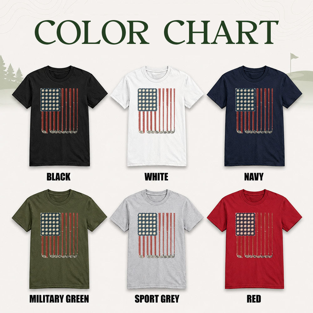 American Flag Golf Unisex T-Shirt - Patriotic Golf Balls & Clubs Graphic Tee