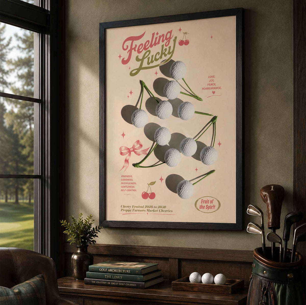 Preppy Golf Cherry Feeling Lucky Vintage Golf Poster | Retro Golf Wall Art Decor