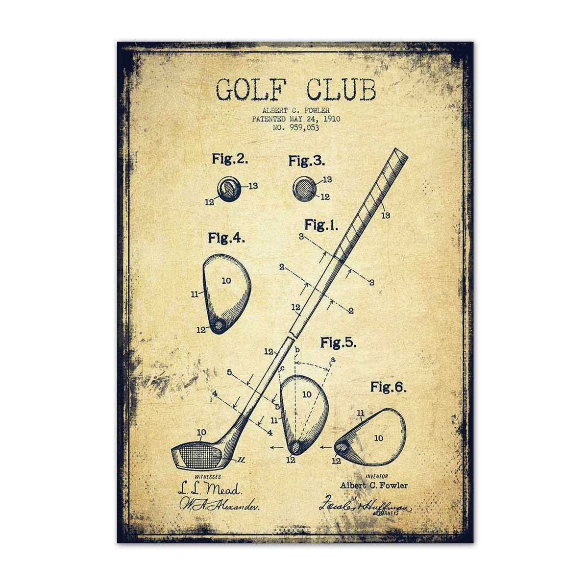 1910 Golf Club Patent vintage golf poster, retro golf wall art