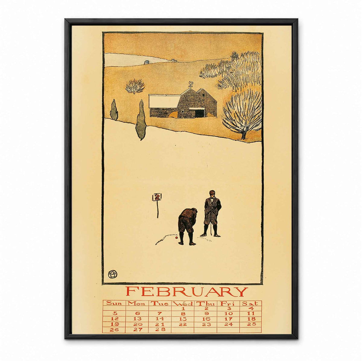 Vintage Edward Penfield February Golf Calendar retro golf art print